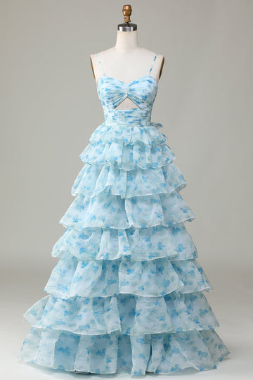 A Line Spaghetti Straps Cut Out Tiered Blue Printed Prom Dress